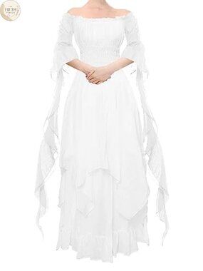 Victorian Renaissance Dress Puff Sleeve Off Shoulder Ruffle Medieval Costume